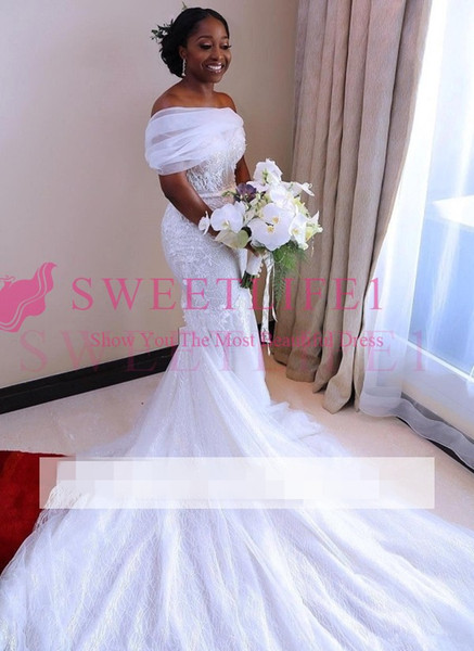 White Beading Mermaid Wedding Dresses Off-the-Shoulder Flowers Bridal Gowns Custom Made Hot Sale