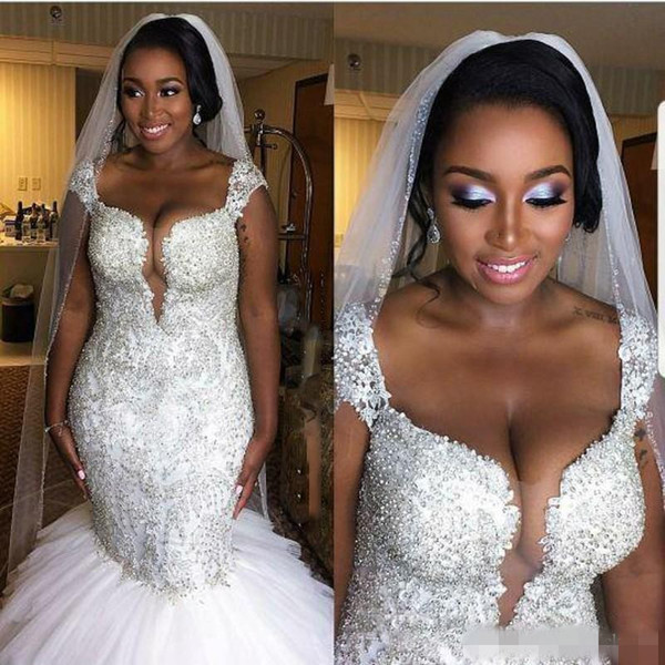 Luxury Mermaid Wedding Dresses Capped Major Beading Sheer Neck Sexy Wedding Gowns Long Train Plus Size Bridal Dress Vestidos