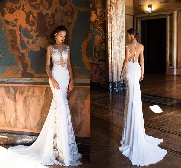 Gorgeous Mermaid White Beach Wedding Dresses Appliques Backless Plus Size Bride Dress Sexy Illusion Bodice Sleeveless