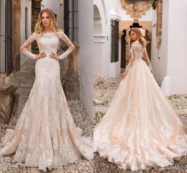 Beautiful Champagne Mermaid Wedding Dresses Off Shoulders Lace Appliques Sheer Long Sleeves Tulle Long Bridal Gowns