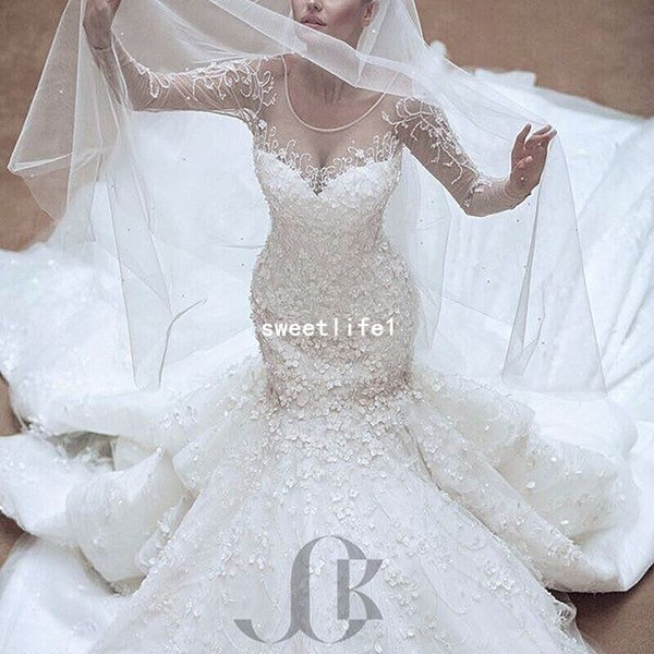 Modest 3D Flora Appliques Wedding Dresses With Long Sleeve Jewel Neck Mermaid Court Train Bridal Gown Custom Made