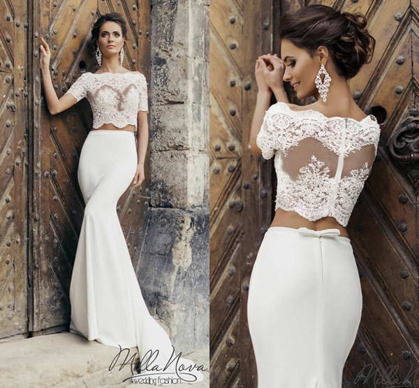 Milla Nova Sexy Satin Lace Appliques Boat Neck Mermaid Two Piece Wedding Dresses Long Train Vestido De Novia Sirena Vestito Da Sposa