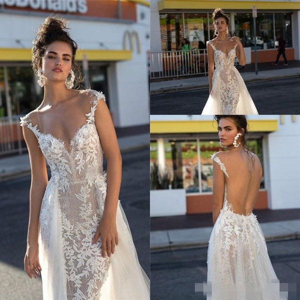 Romantic Illusion Bodice Lace Mermaid Wedding Dresses Berta Sexy Open Back Cap Sleeve Appliqued Bridal Gowns With Removable Train