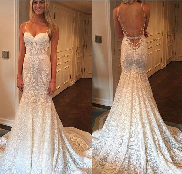 New Sexy Designer Luxury Full Lace Wedding Dresses Sweetheart Spaghetti Straps Backless Berta Mermaid Vestios De Novia Bridal Gowns