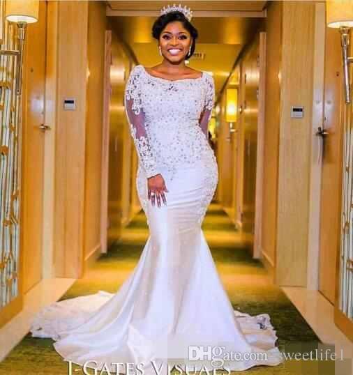 Nigerian Wedding Dresses Sweetheart Neckline with Sheer Lace Appliqued Long Sleeves Chapel Train Length African Black Girl Bridal Gown