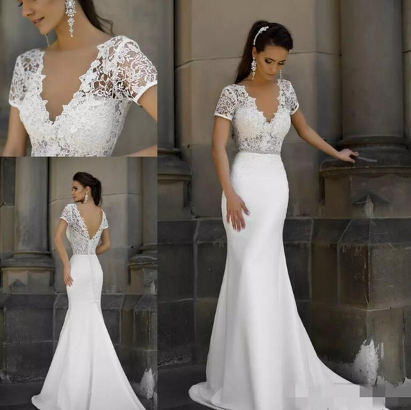 Milla Nova Short Sleeves Mermaid Wedding Dresses Deep V Neck Sexy Backless Long Bridal Gowns Lace Satin Long Beach Wedding Gowns