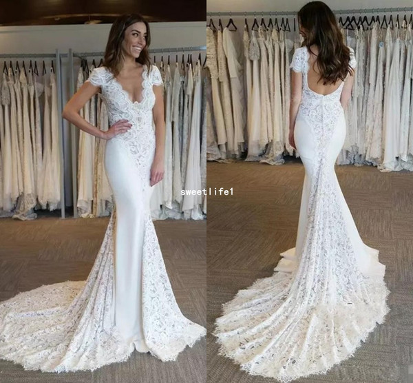 Elegant Berta Mermaid Lace Wedding Dresses Deep V Neck Short Sleeve Bridal Gowns Backless Chapel Train Wedding Dress