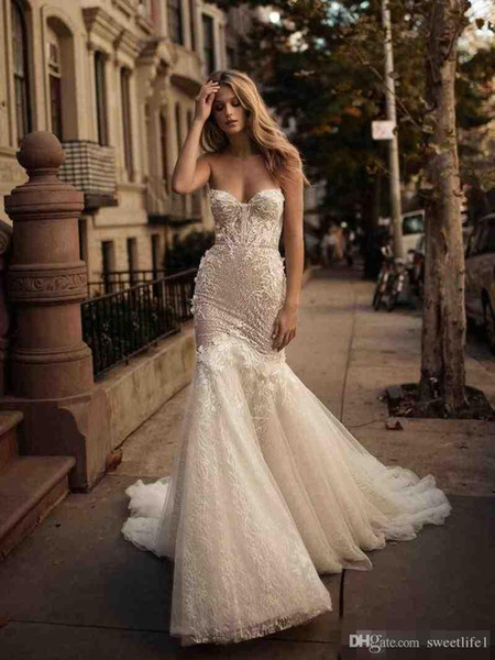 Berta Mermaid Backless Wedding Dresses Crystal 3D-Floral Appliques Lace Bridal Gowns Sexy Illusion Bride Dress