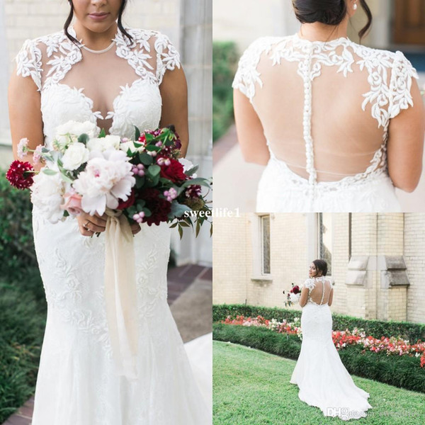 Rustic Plus Sheer Back Wedding Dresses Illusion Jewel Neck Mermaid Lace Appliques Desgin Country Style Bridal Gown