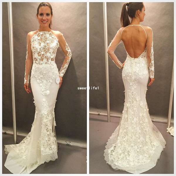 Glamorous Lace Open Back Long Sleeve Appliques Mermaid Wedding Dress Halter Neck 3D Flora Bridal Gown Custom Made Hot Sale