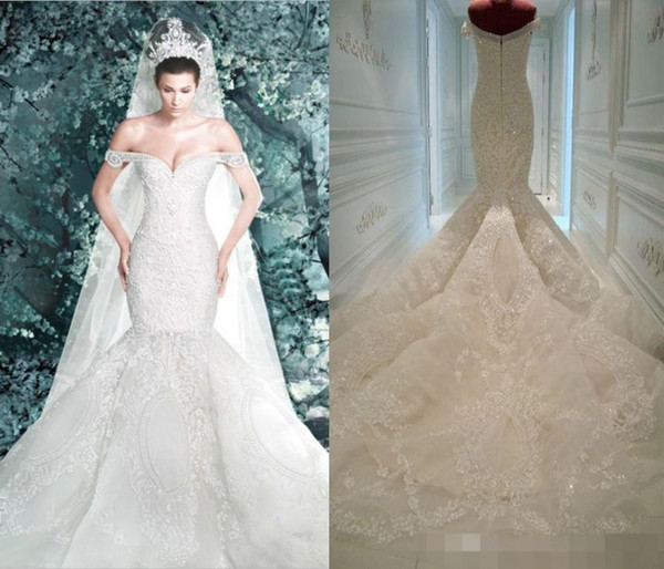 Michael Cinco Wedding Dresses New Arrival Pearls Lace Appliques Off Shoulder Sheer Backless Luxury Mermaid Wedding Dress Bridal Gowns