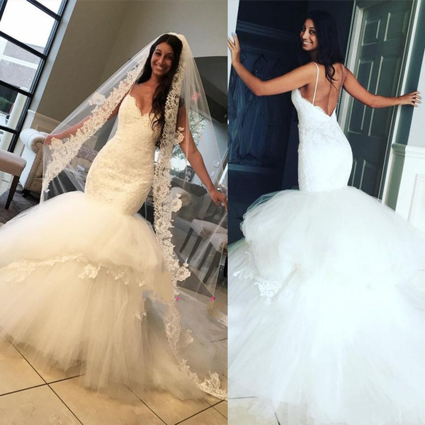 Sexy Mermaid Lace Wedding Dresses Bridal Gowns Spaghetti Straps with Sweetheart Backless Tiers Skirt Long Train Garden Bridal Gowns