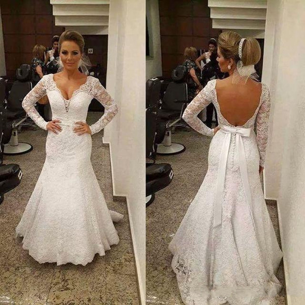 Sexy Backless Mermaid Wedding Dresses Vestidos De Novia Long Sleeve Full Lace Bridal Gowns Sexy V Neck Weddings Dress