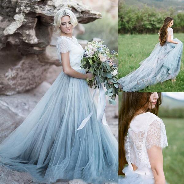 Fairy Beach Boho Lace Wedding Dresses High-Neck A Line Cap Sleeves Backless Light Blue Skirts Plus Size Bohemian Bridal Gown