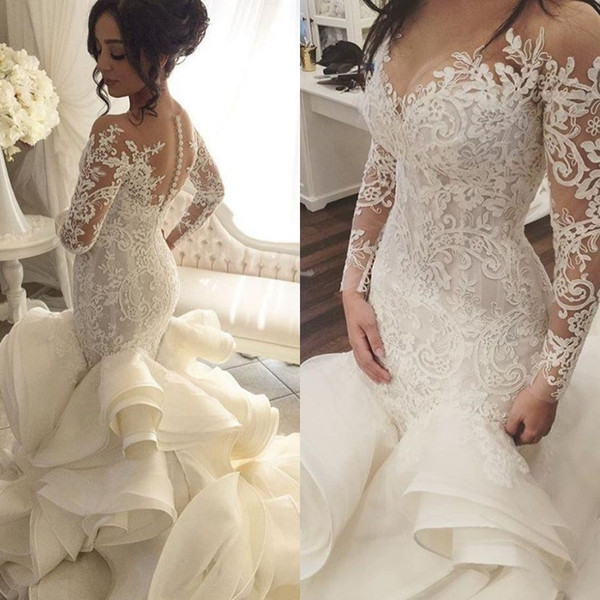 Vintage Luxury Wedding Dresses Long Sleeve V-Neck Appliques Lace Sexy Ruffles Court Train Wedding Bridal Gowns Custom Made