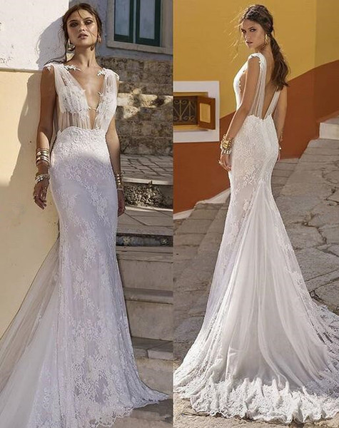 berta Beach Wedding Dresses mermaid tulle Lace sheer V-Neck Backless sweep train sexy Bridal Gown Illusion Bodice vestido de novia