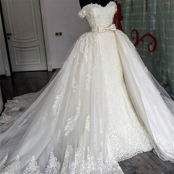 Sexy Sweetheart Lace Mermaid Wedding Dresses Removable Train Applique Lace Bridal Gowns with Detachable Skirt Wedding Gowns