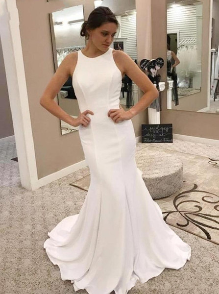 Simple Wedding Dresses Mermaid Lace Appliques O-Neck Button Back Chiffon Bridal Gowns Vestido De Noiva