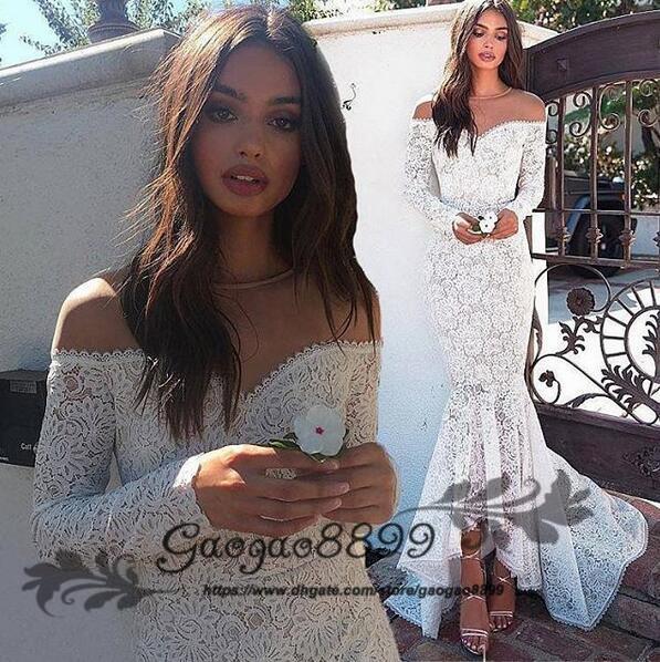 Elegant white Boho Mermaid Wedding Dresses jewel neck long Sleeves Full Lace Wedding Bridal Dresses Cheap Long Sweep Train bridal gowns