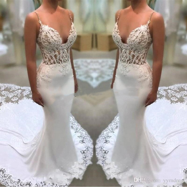 New Plus Size Lace Appliques Wedding Dresses Spaghetti Straps Mermaid Illusion Sides Bridal Gowns Custom Made