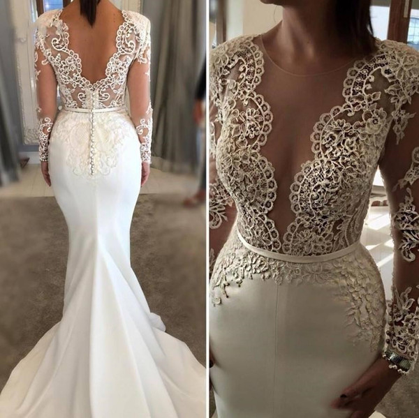 Sexy Illusion Mermaid Wedding Dresses Sheer Neck Long Sleeves Lace Applique Court Train Plus Size Formal Wedding Dress Bridal Gowns