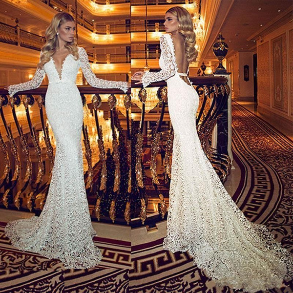 Vintage Cheap Mermaid Wedding Dresses Bridal Gowns Deep V Neck Long Sleeves Lace Backless Train Wedding Gowns