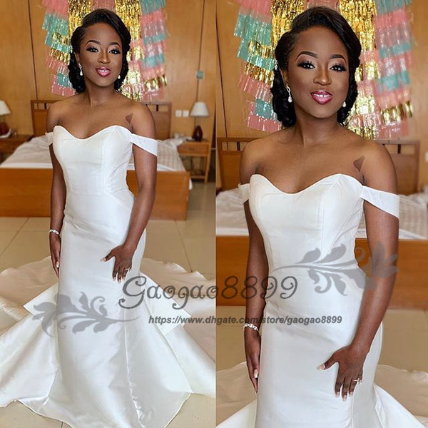 Modern Princess satin mermaid wedding dresses modest off the shoulder african simple trumpt zipper back bridal wedding gown