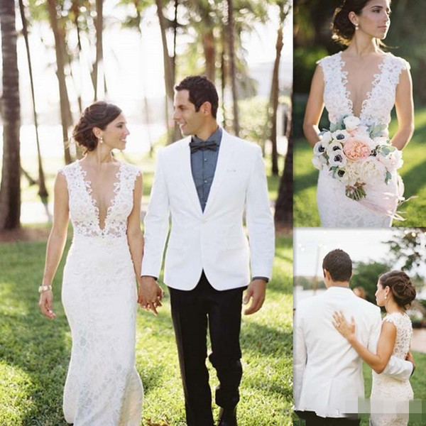 Modest Mermaid Full Lace Country Bohemian Wedding Dresses Sexy V Neck With Button Back Boho Bridal Gowns vestidos de novia