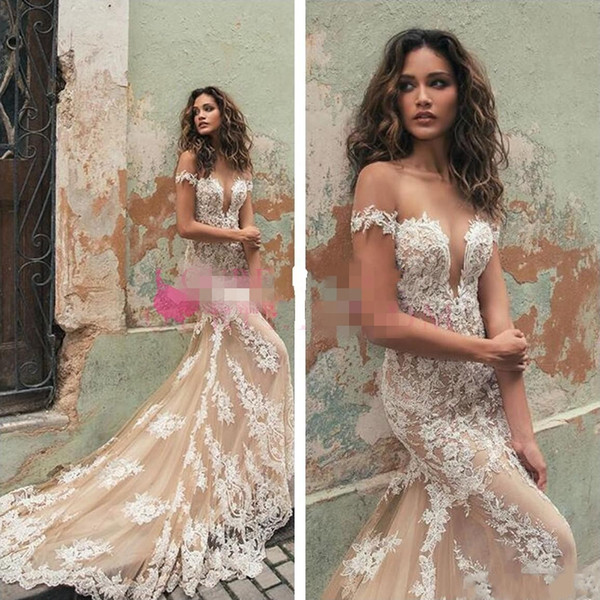 Berta Lace Mermaid Wedding Dresses Bridal Gowns Illusion Off Shoulder Cap Sleeves Tulle Applique Court Train Wedding Gowns