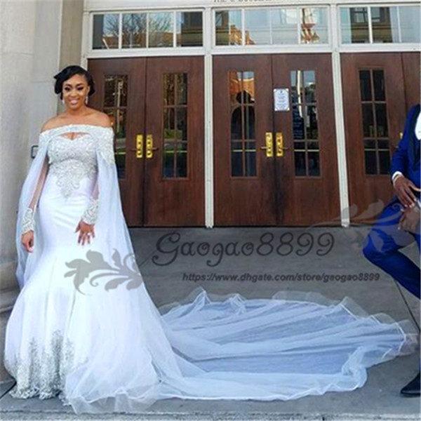 Nigerian African Mermaid Wedding Dresses with cape watteau train Gold beaded long sleeves bateau Wedding Gown plus size Bridal Dresses