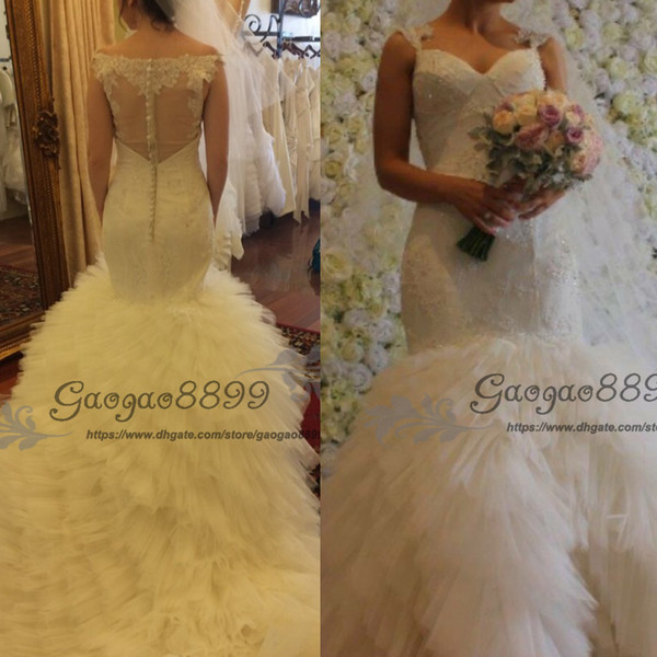 Unique designer lace Mermaid Wedding Dresses Sweetheart ruffles tiered tulle court Train transparent backless buttons Bridal Wedding Gowns