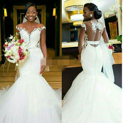 African Black Girl Mermaid Wedding Dresses Bridal Gowns Sheer Neck Keyhole Back Sheer Bridal Gown with Lace Appliques