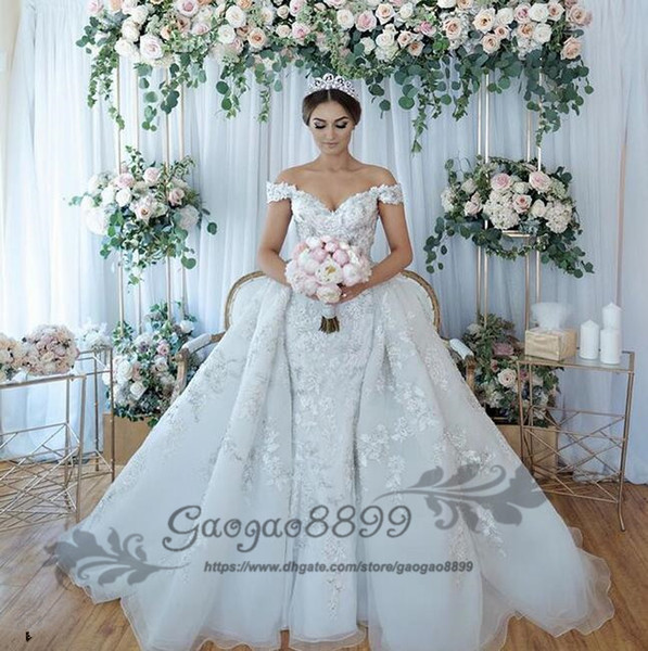 Nigeria Mermaid Wedding Dresses Overskirts with Detachable Train tulle Lace off the shoulder Long Sleeves Backless Bridal Gown Dubai