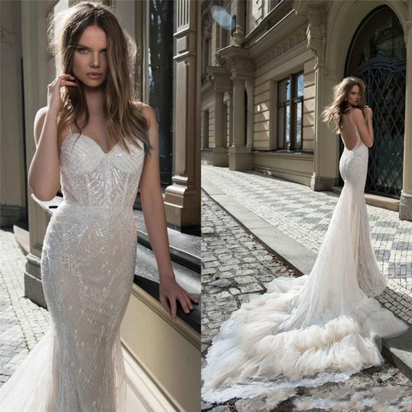 Sexy Berta Bridal Mermaid Wedding Dresses Bridal Gowns Spaghetti Backless Sequins Bridal Gowns Wedding Gowns Sweep Train