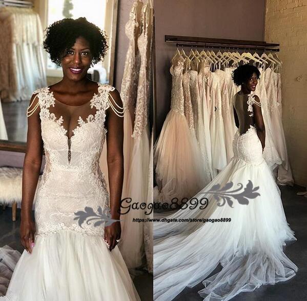 African Nigerian Plus Size mermaid Wedding Dresses lace Beading Tiered Short Sleeves Long Chapel Train Tulle sexy Mermaid Bridal Gowns