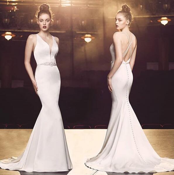 sexy Mermaid Wedding Dresses with crystal sash sweep soft train stain Criss Cross covered button Wedding Gown plus size Bridal Dresses