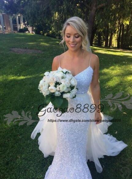 Country garden Mermaid Wedding Dresses With Detachable Skirt sexy spaghetti Sequined Wedding Dress tulle skirt Beach Robe De Mariée