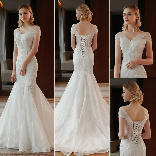 Real designer Off the Shoulders lace Mermaid Wedding Dresses Women arabic Sexy Lace up corset V neck plus size bridal Wedding Gowns