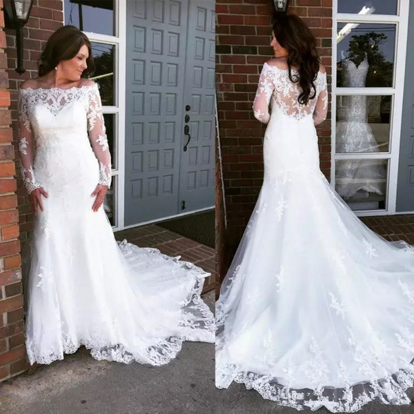 Modest lace long sleeve mermaid wedding dresses bateau neck off the shoulder country bridal gowns with court train custom made