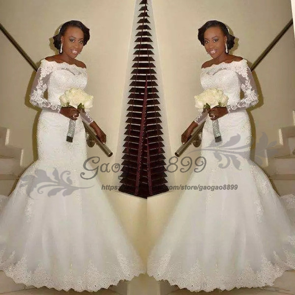 special offer Nigerian lace Mermaid Wedding Dresses vintage Off the Shoulder Beaded bateau neck Wedding Gown Covered Button Bridal Dresses