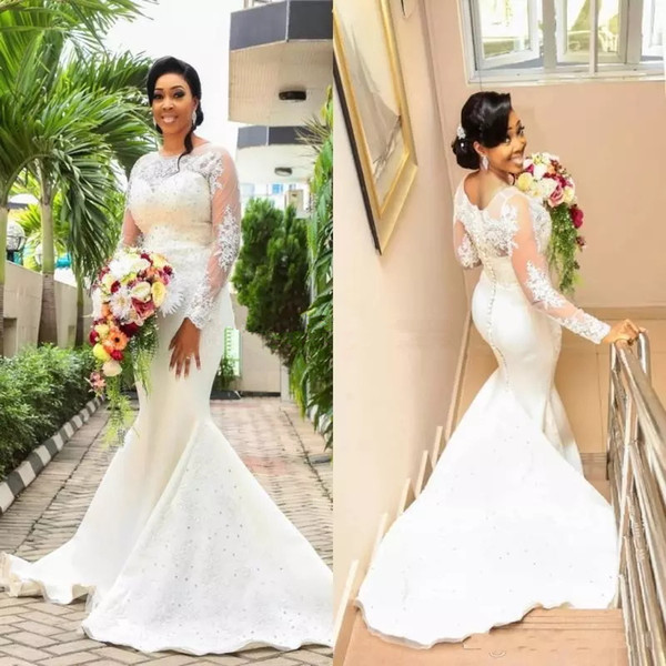 Hot African Nigeria Mermaid Wedding Dresses long sleeves Crystal Beaded trumpet sweep Train Cheap Plus Size Bridal Gowns covered button