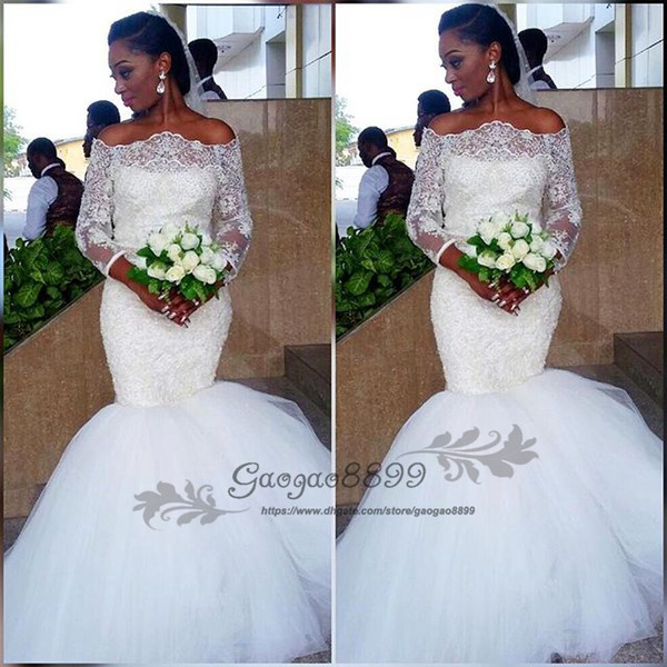 Nigerian African Mermaid Wedding Dresses vintage Lace 3/4 long sleeves lace up corset bridal Wedding Gown plus size