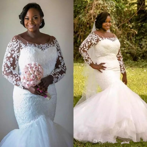 Hot African Nigeria Mermaid Wedding Dresses long sleeves sheer neck trumpet tulle Train Cheap Plus Size Bridal Gowns covered button