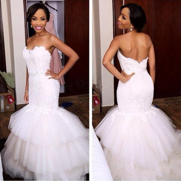 Modest African Black Girl Lace Mermaid Wedding Dresses Bridal Gown Cheap Pleats tiered tulle skirt White country Custom Plus Size