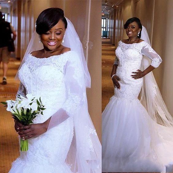 New Arrival African Mermaid Wedding Dresses Bridal Gowns Scoop Neck Lace Appliques Beaded Tulle Three Quarter Sleeves Plus Size