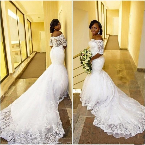 New Mermaid Full Lace Wedding Dresses Bridal Gowns Off the Shoulder Appliques See Through Back Arabic African with Short Sleeves