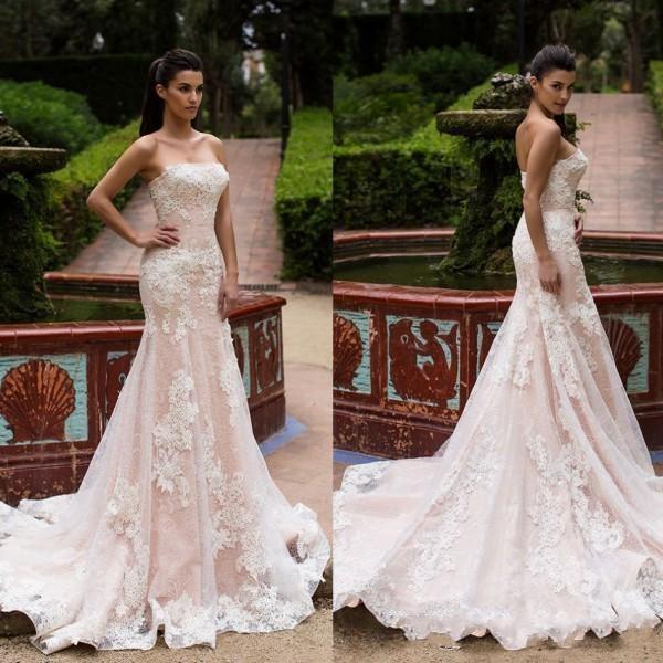 Millanova Country Lace Mermaid Wedding Dresses Backless Strapless Cap Sleeve Sweep Train Tulle Applique Wedding Dress