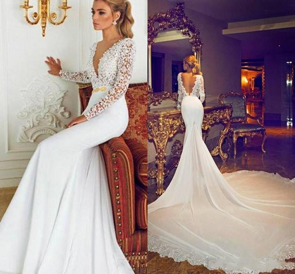 New Inbal Dror Lace Long Sleeve Mermaid Wedding Dresses Bridal Gowns With Sash Deep V-neck Long Sleeve Court Train Elegant Vestidos