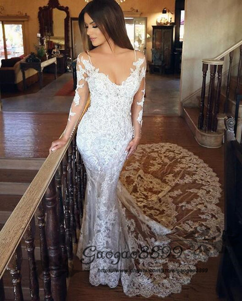 Romantic off shoulder Mermaid Wedding Dress With Long Sleeves Illusion Lace boho sexy v neck Bridal Dress For Women Vestido De Noiva