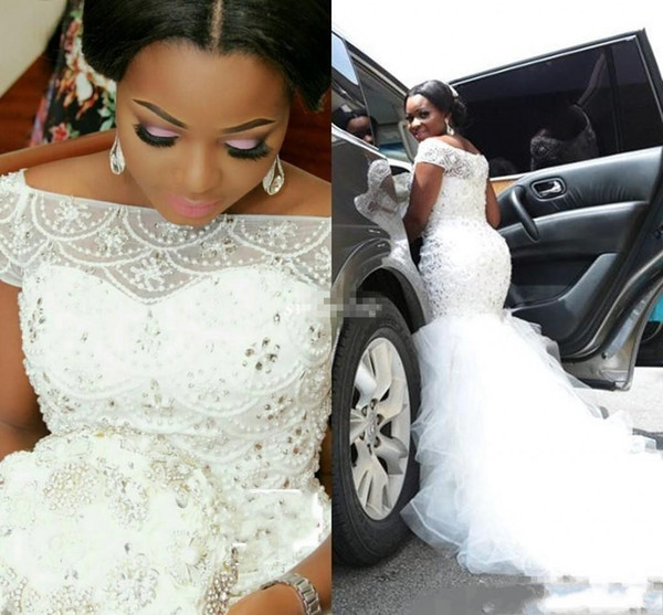 African Nigerian Plus Size Wedding Dresses Beading Tiered Short Sleeves Long Chapel Train Tulle Mermaid Bridal Gowns DTJ